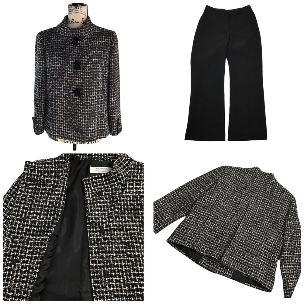 TAHARI - Tweed Blazer + Dress Pant Fully Lined, 8P, Black & White